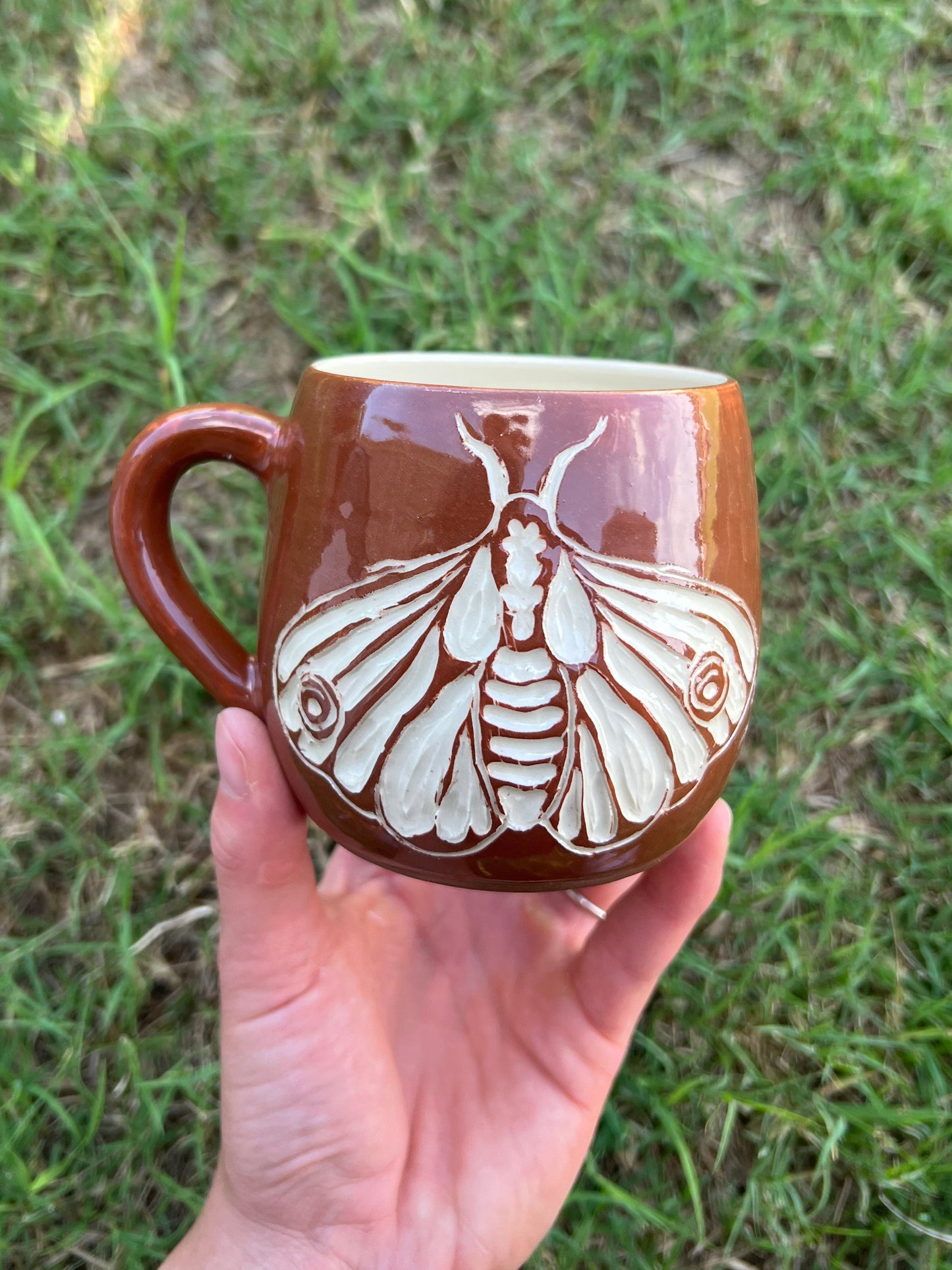 SECONDS Brick Red Moth Sgraffito Mug